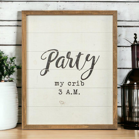 Crib Party sign decorative plaque white panel with brown wood frame Gia Roma on Tampa Home & Garden Store