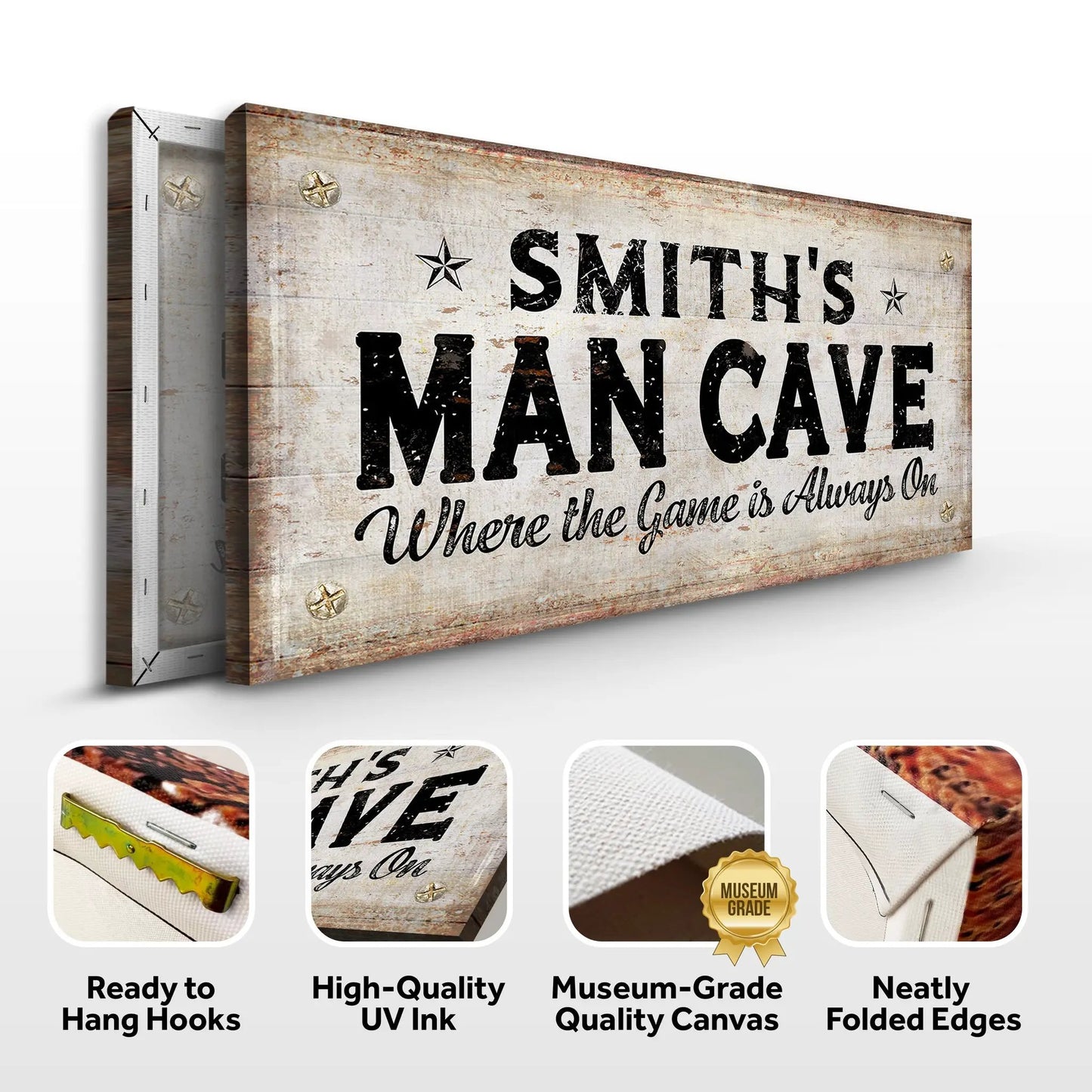 Canvas sign Where the Game is Always On Man Cave Sign by Tailored Canvases, rustic wood look on Tampa Home & Garden Store