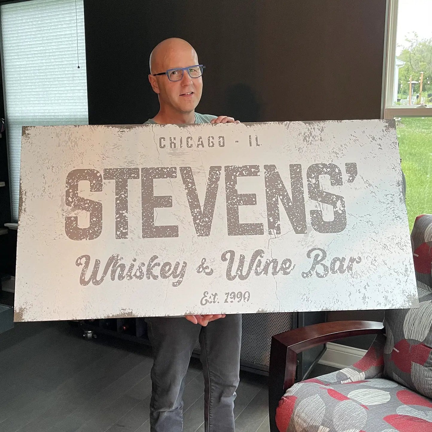 Whiskey and Wine Bar Sign by Tailored Canvases, white STEVENS lettering on Chicago IL on Tampa Home & Garden Store