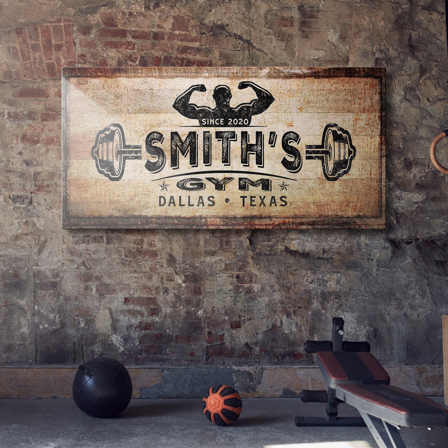 Gym Sign III canvas wall art with flexed-arm silhouette on distressed sign backdrop on Tampa Home & Garden Store