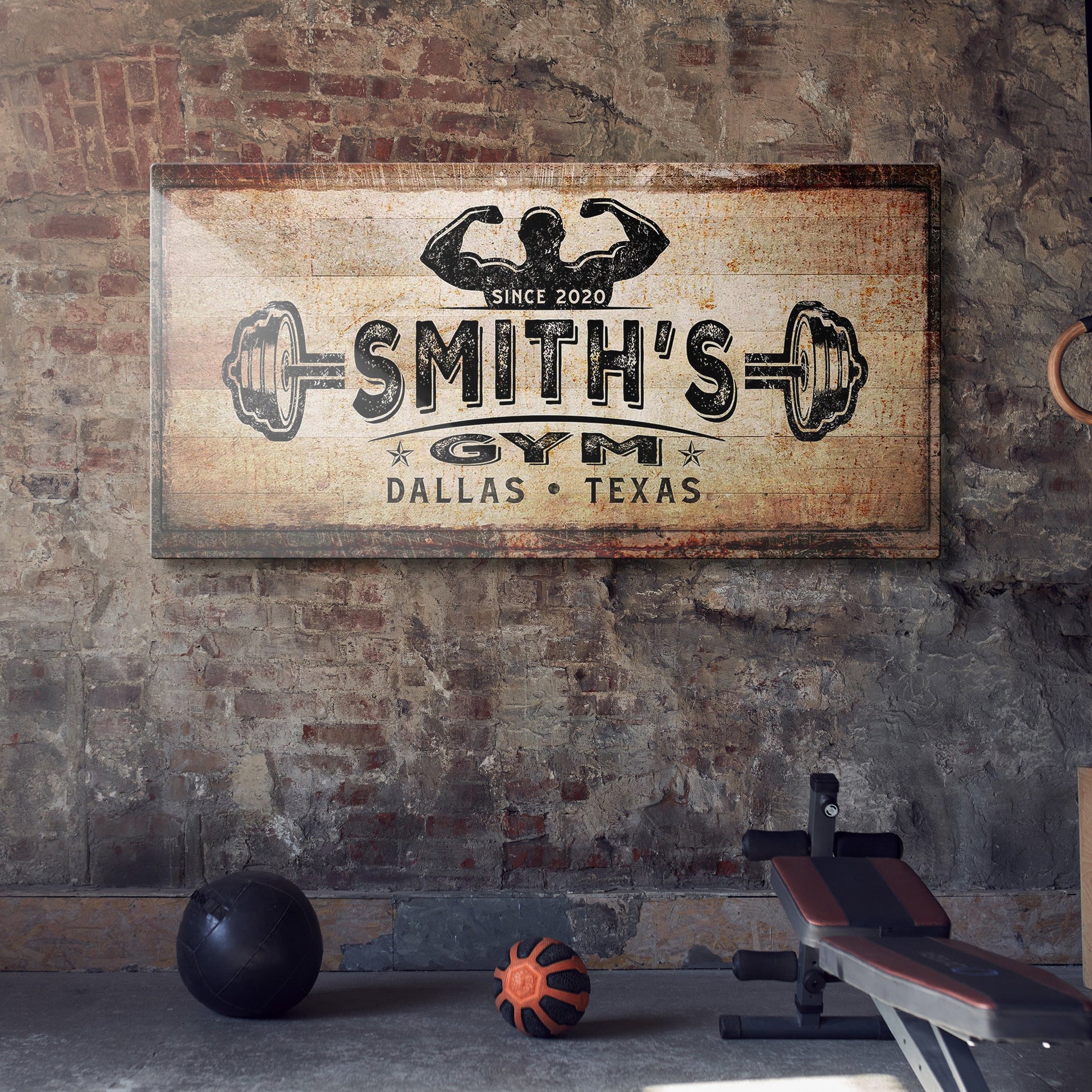 Gym Sign III canvas wall art with flexed-arm silhouette on distressed sign backdrop on Tampa Home & Garden Store