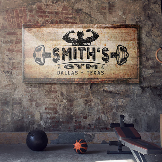 Gym Sign III canvas wall art with flexed-arm silhouette on distressed sign backdrop on Tampa Home & Garden Store