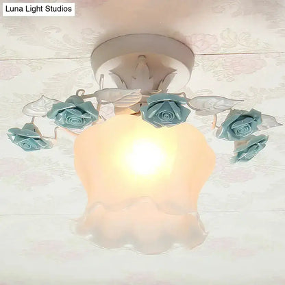 Pink Rose Glass Ceiling Light flush mount with teal blue rose accents Decorbites on Tampa Home & Garden Store