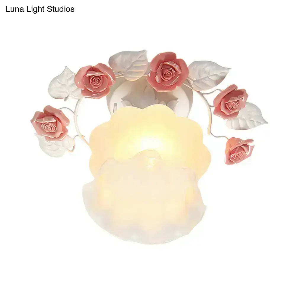 Pink Rose Glass Ceiling Light flush mount with ivory glass petals and pink roses by Decorbites on Tampa Home & Garden Store