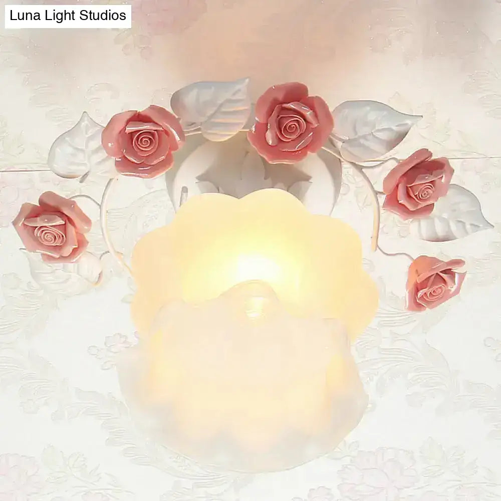Pink Rose Glass Ceiling Light flush mount with white leaf frame and warm yellow glass shade on Tampa Home & Garden Store on Tampa Home & Garden Store