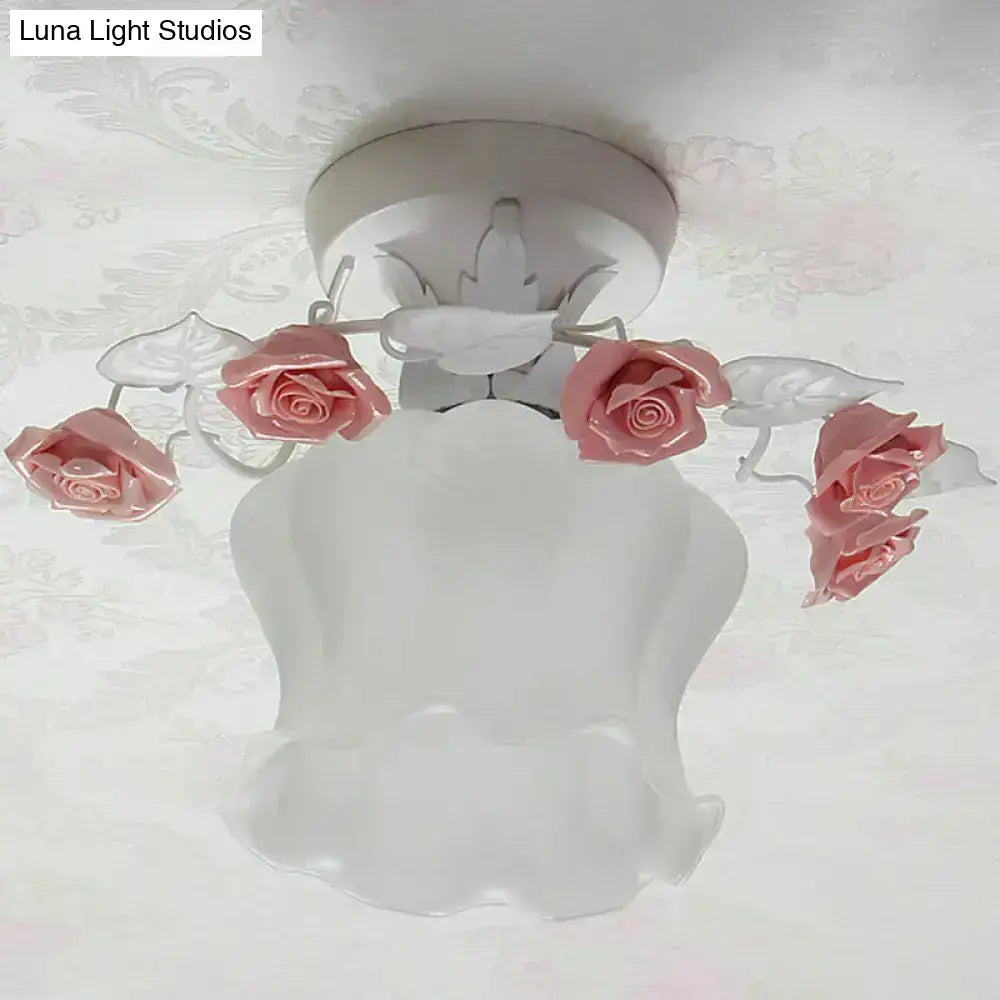 Pink Rose Glass Ceiling Light flush mount by Decorbites with white shade and pink roses on Tampa Home & Garden Store