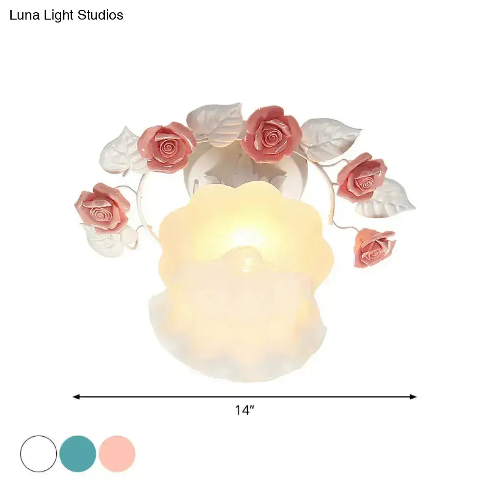 Pink Rose Ceiling Light flush mount Decorbites with pink roses and glass shade 14 in wide on Tampa Home & Garden Store