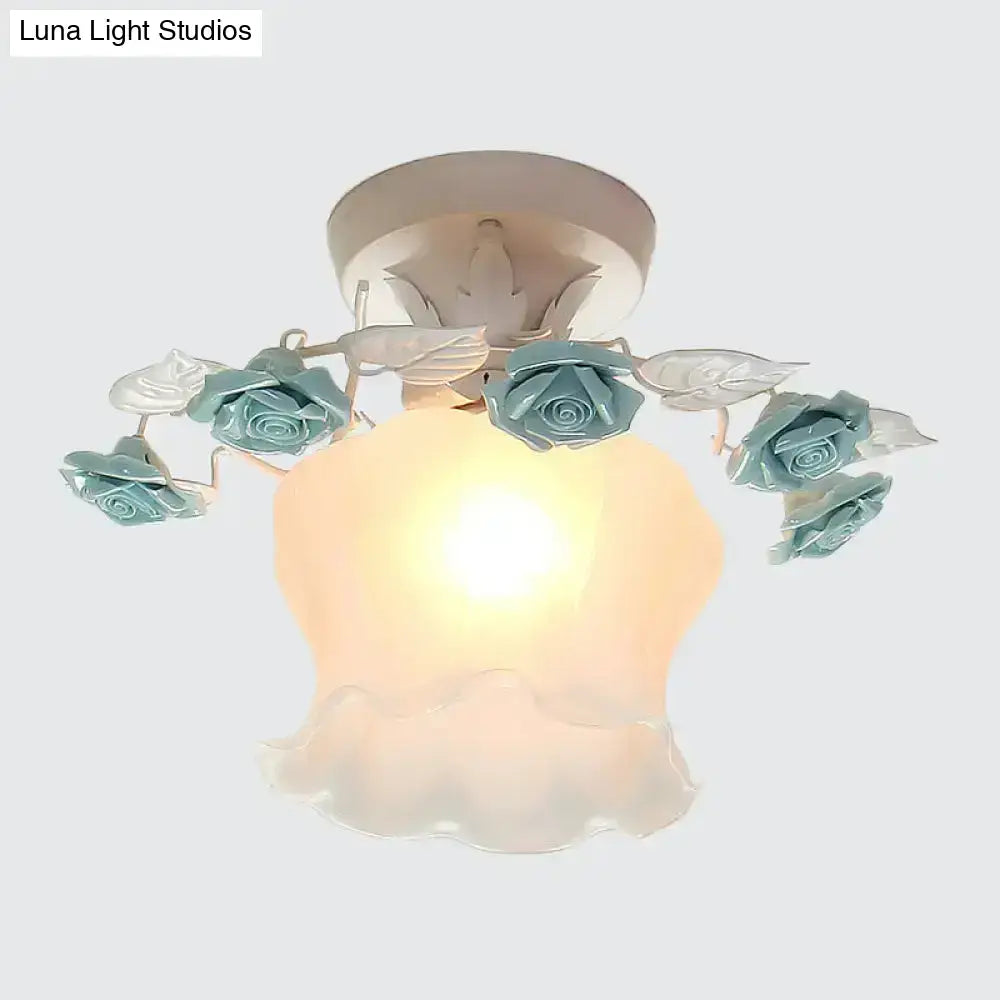 Pink Rose Glass Ceiling Light Decorbites pink glass shade with teal rose accents flush mount on Tampa Home & Garden Store