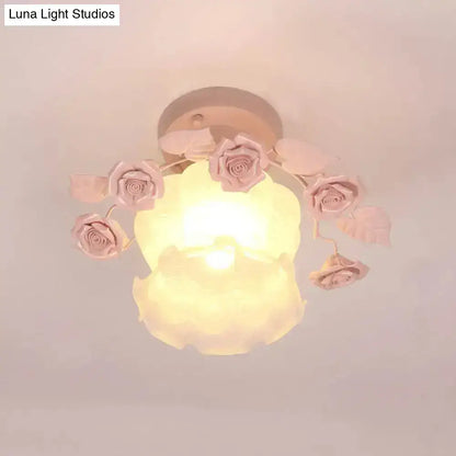 Pink Rose Glass Ceiling Light flush mount with rose petals around glass shade by Decorbites on Tampa Home & Garden Store