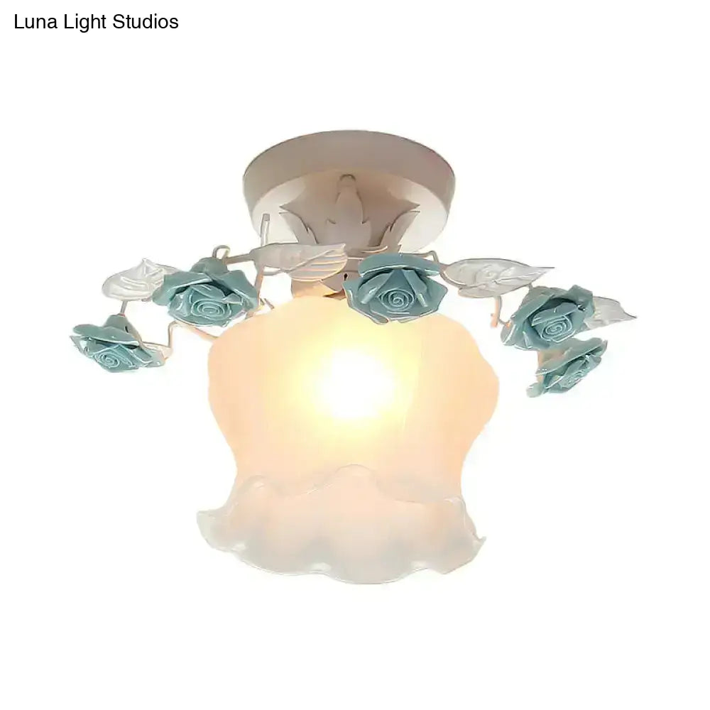 Pink Rose Glass Ceiling Light flush mount with teal rose accents by Decorbites on Tampa Home & Garden Store