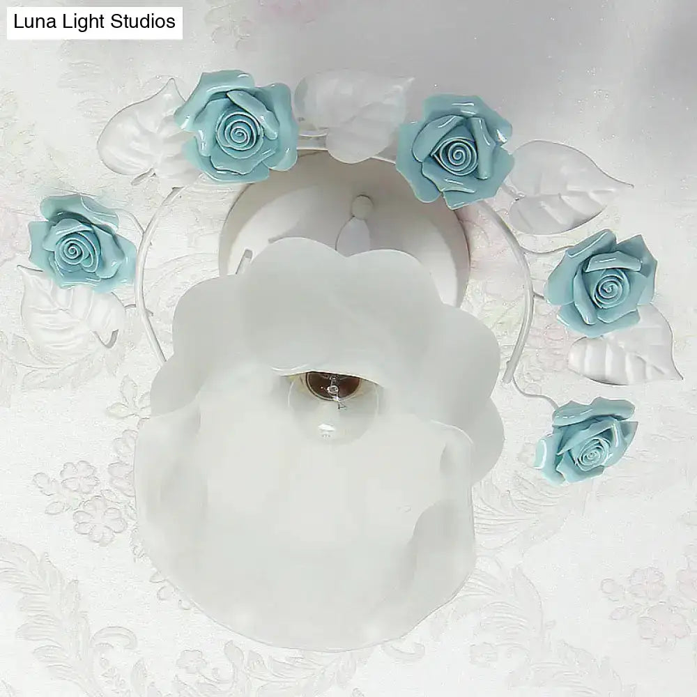 Pink Rose Glass Ceiling Light flush mount with blue rose accents white glass shade Decorbites on Tampa Home & Garden Store