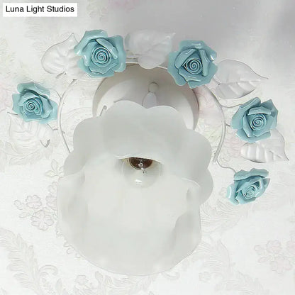 Pink Rose Glass Ceiling Light flush mount with blue rose accents white glass shade Decorbites on Tampa Home & Garden Store