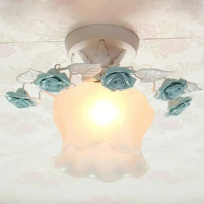 Pink Rose Glass Ceiling Light flush mount with blue roses, frosted glass by Decorbites on Tampa Home & Garden Store