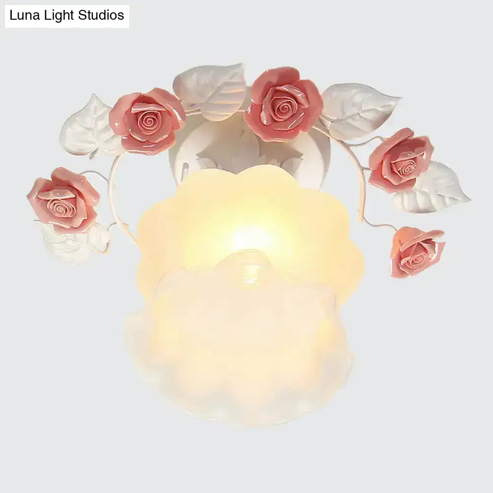 Pink Rose Glass Ceiling Light flush mount with pink rose accents and white leaves on Tampa Home & Garden Store