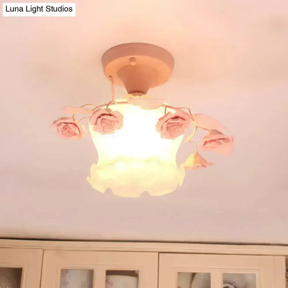 Pink Rose Glass Ceiling Light flush mount with pink rose accents on glass shade by Decorbites on Tampa Home & Garden Store