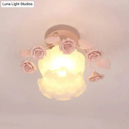 Pink Rose Glass Ceiling Light flush mount with pink rose accents and glass globe Decorbites on Tampa Home & Garden Store