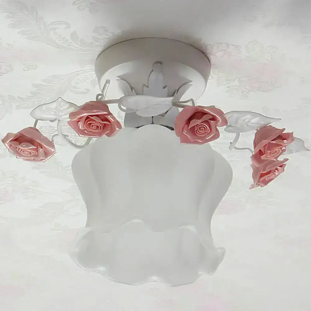 Pink Rose Glass Ceiling Light Decorbites flush mount with white glass shade and pink roses on Tampa Home & Garden Store