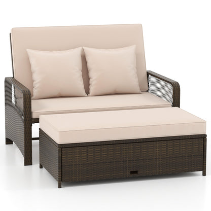 Patio Adjustable Wicker Daybed with 4-Level Backrest and Soft Cushions-Red
