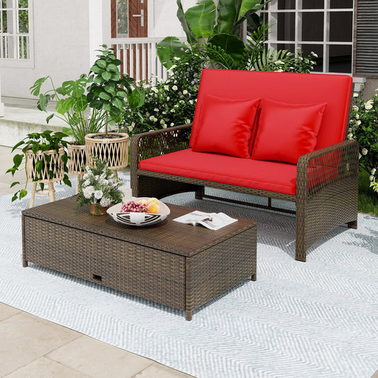 Patio Adjustable Wicker Daybed with 4-Level Backrest and Soft Cushions-Red - Tampa Home & Garden Store