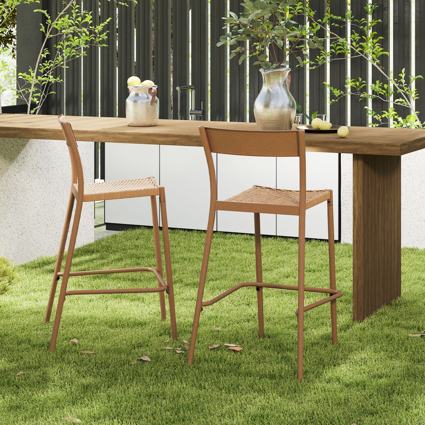 Patio Barstools Set of 2 with Rattan Seat and Metal Backrest-Light Brown