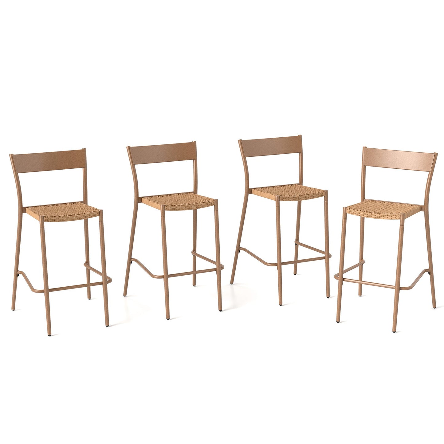 Juego de 4 taburetes de bar para patio con asiento de ratán y respaldo de metal - Marrón claro