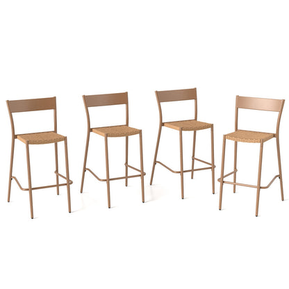 Juego de 4 taburetes de bar para patio con asiento de ratán y respaldo de metal - Marrón claro