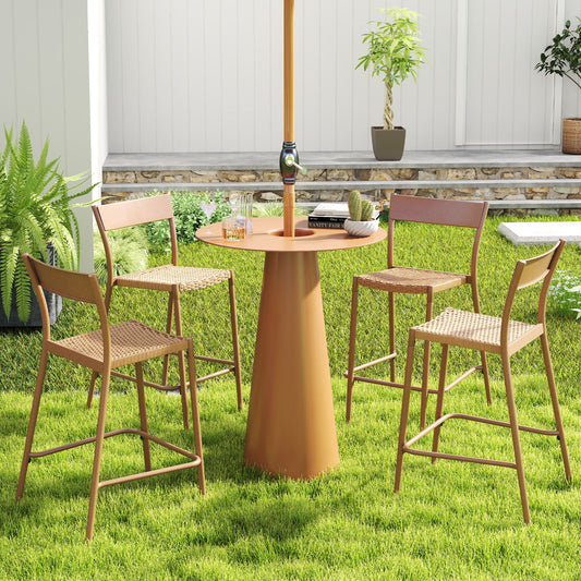 Patio Barstools Set of 4 with Rattan Seat and Metal Backrest-Light Brown - Tampa Home & Garden Store