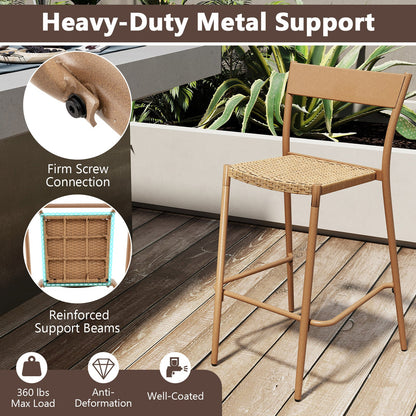 Juego de 4 taburetes de bar para patio con asiento de ratán y respaldo de metal - Marrón claro