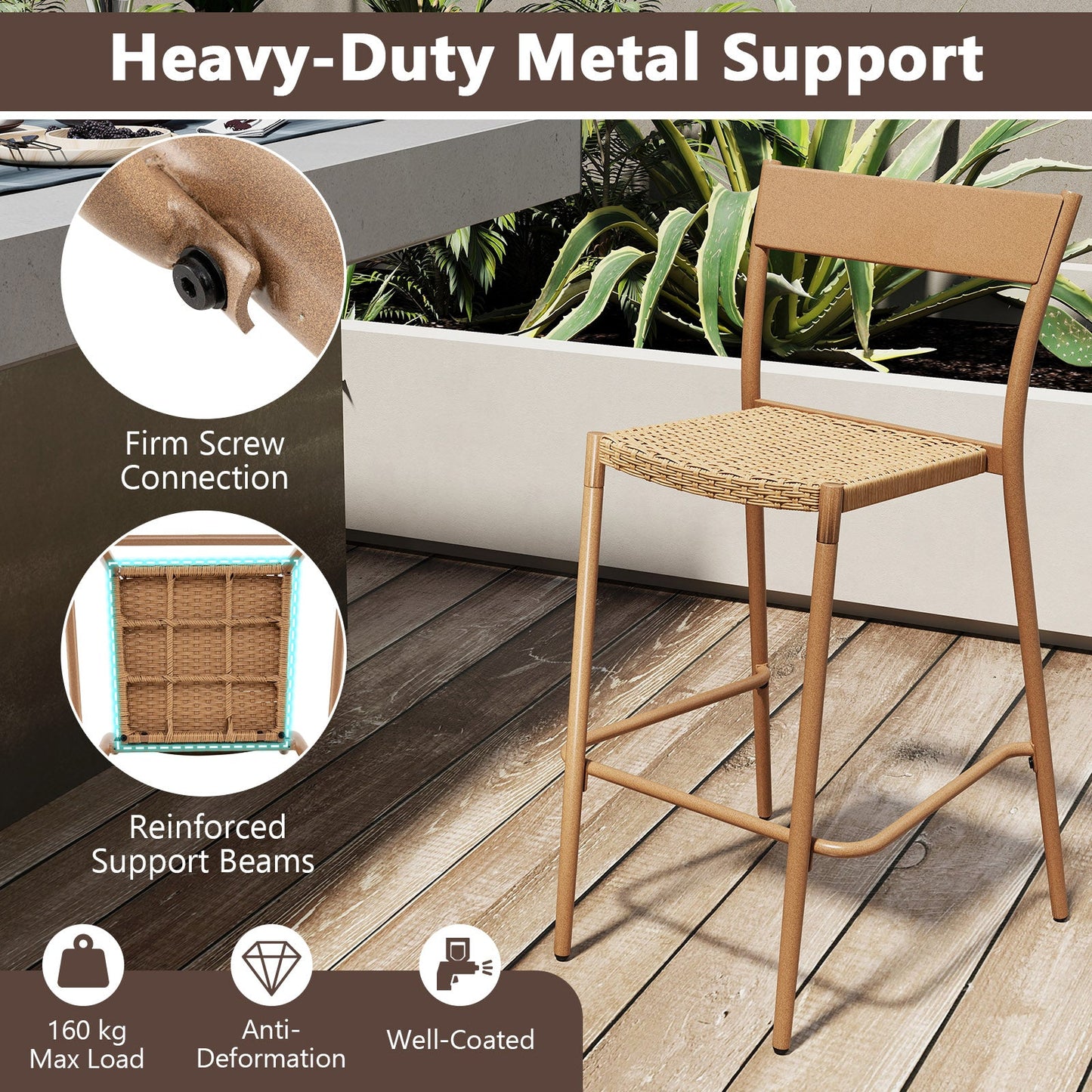 Juego de 4 taburetes de bar para patio con asiento de ratán y respaldo de metal - Marrón claro
