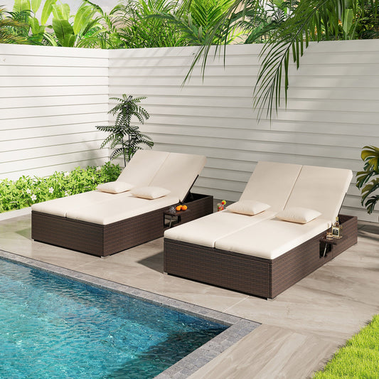 Patio Double Chaise Lounge with Cushions and Folding Side Trays-Beige - Tampa Home & Garden Store