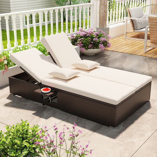 Patio Double Chaise Lounge with Cushions and Folding Side Trays-Beige - Tampa Home & Garden Store