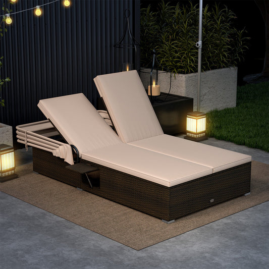Patio Double Chaise Lounge with Shade Cushions and Folding Side Trays - Tampa Home & Garden Store