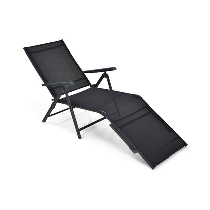 Tumbona plegable de patio con respaldo y reposapiés - Negra