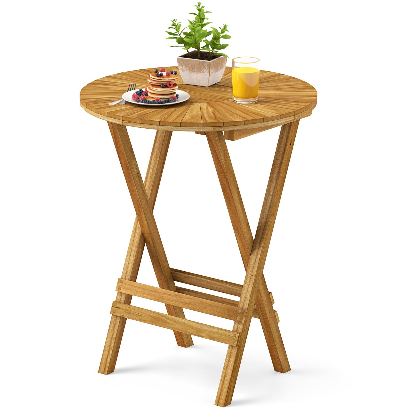 Mesa auxiliar plegable para patio de madera de teca, mesa auxiliar redonda con tablero de listones y estructura en forma de X