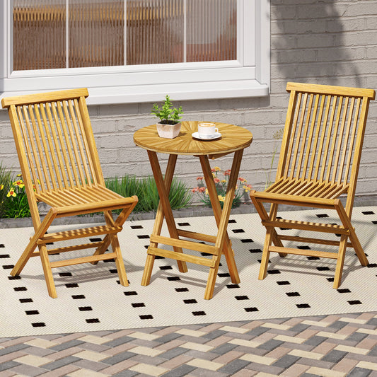 Patio Folding Side Table Teak Wood Round End Table with Slatted Tabletop and X-Shaped Frame - Tampa Home & Garden Store