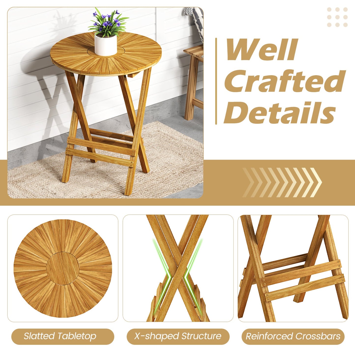 Mesa auxiliar plegable para patio de madera de teca, mesa auxiliar redonda con tablero de listones y estructura en forma de X
