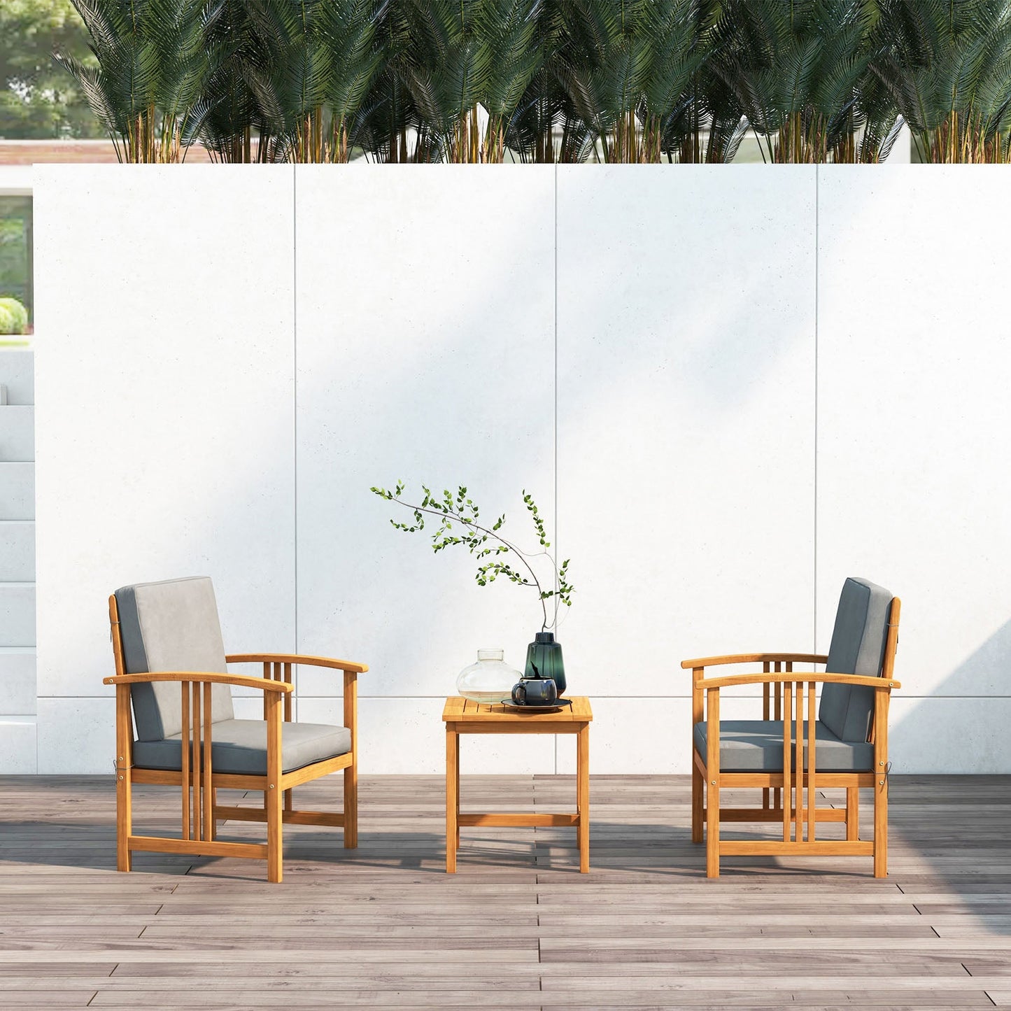 Juego de muebles de sofá para patio exterior de madera maciza de 3 piezas - Gris