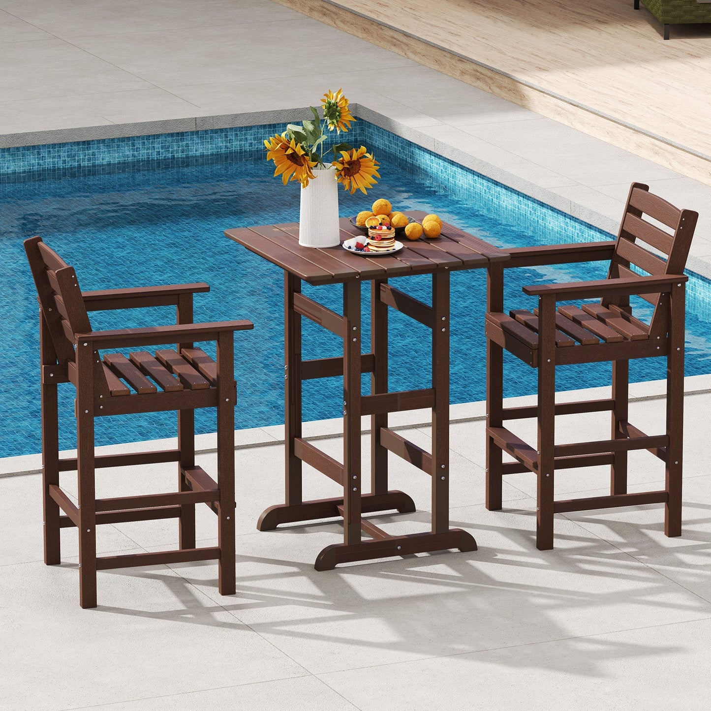 Set de 2 sillas de bar Adirondack de HDPE para patio con reposabrazos anchos - Marrón