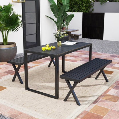 Banco de metal para patio con asiento de rejilla y patas en X