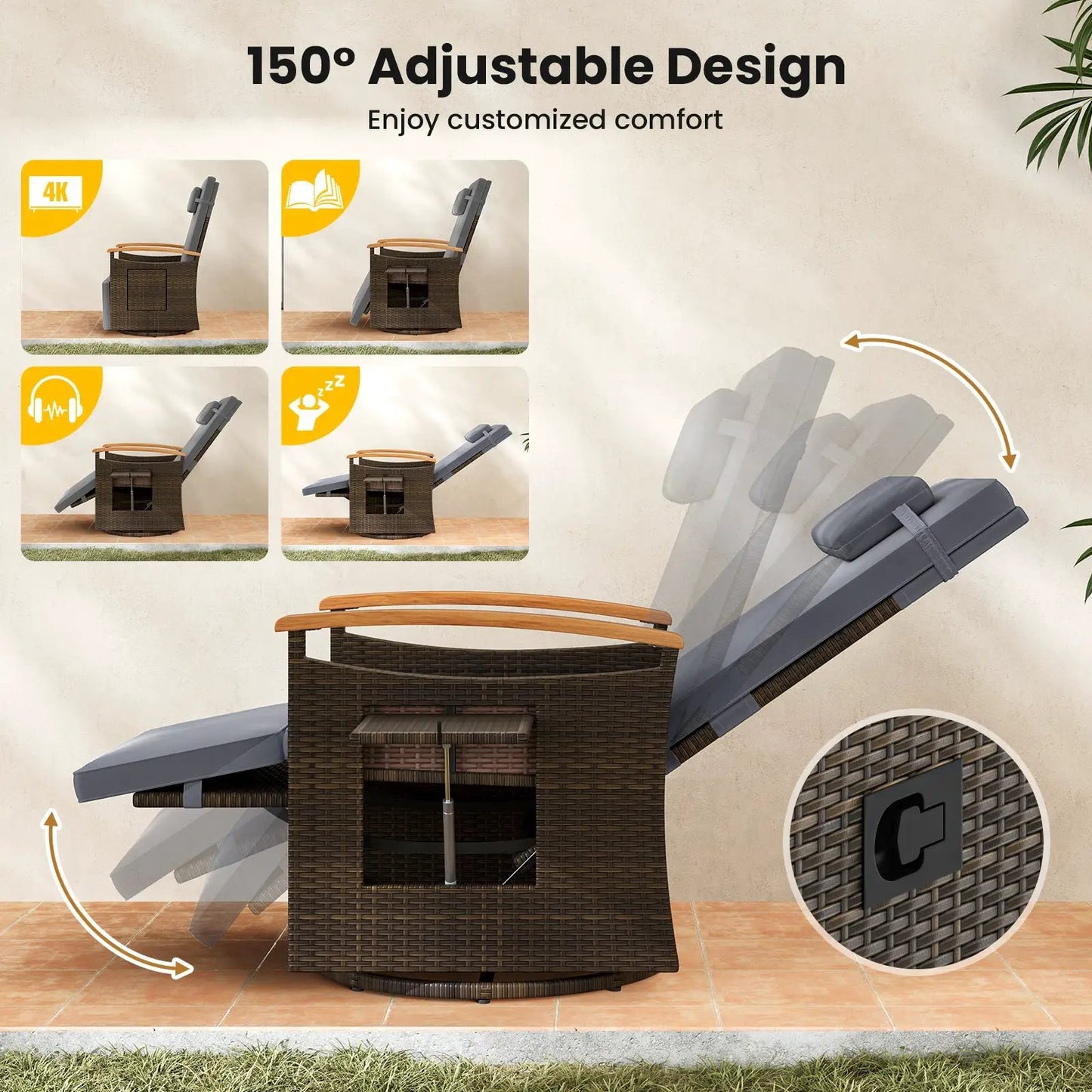 Swivel Chaise Lounge Set with Adjustable Backrest