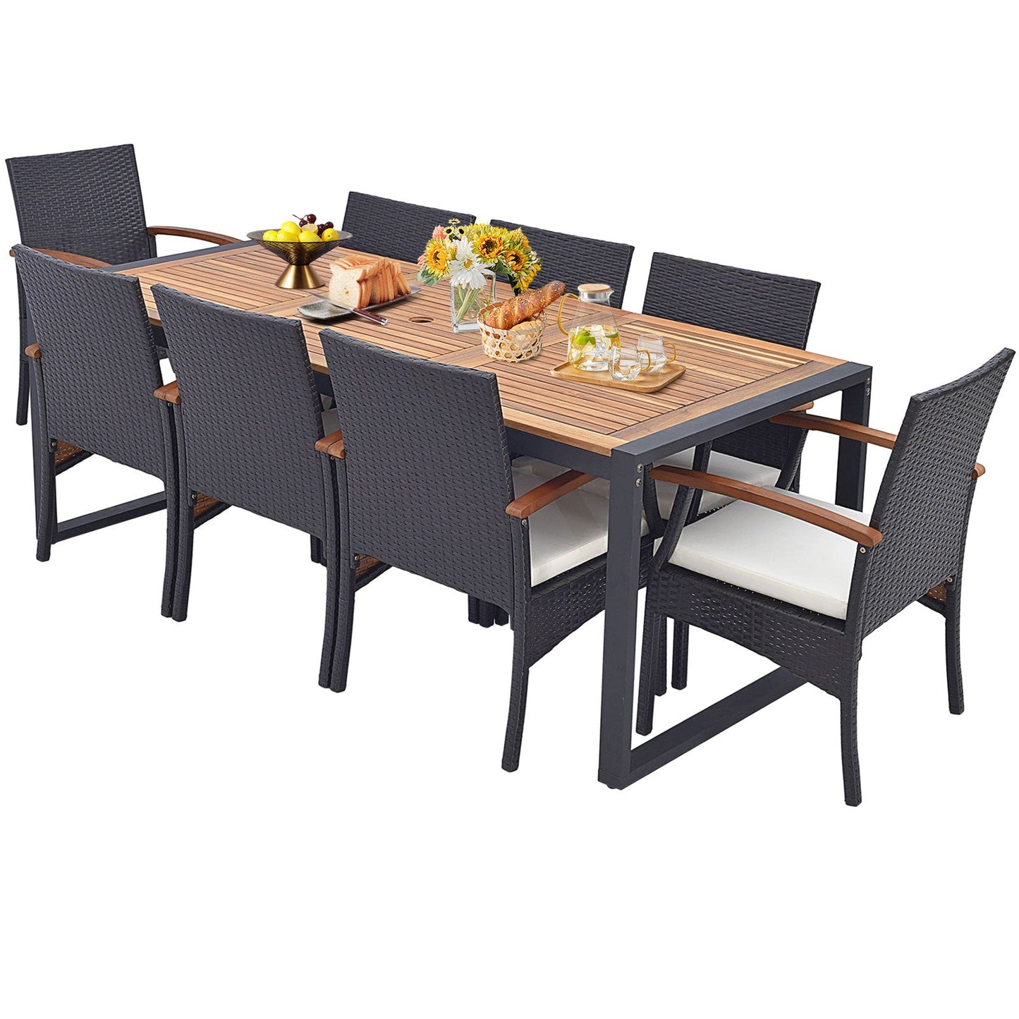 9 Pieces  Patio Rattan Dining Set with Acacia Wood Table for Backyard  Garden-L-shaped Handrail