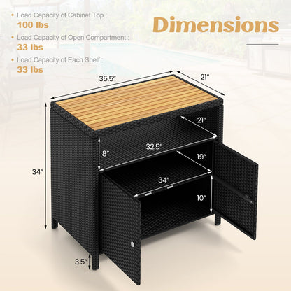 Gabinete de Almacenamiento de Ratán con Encimera de Madera de Acacia para Cubierta de Piscina y Patio-Negro