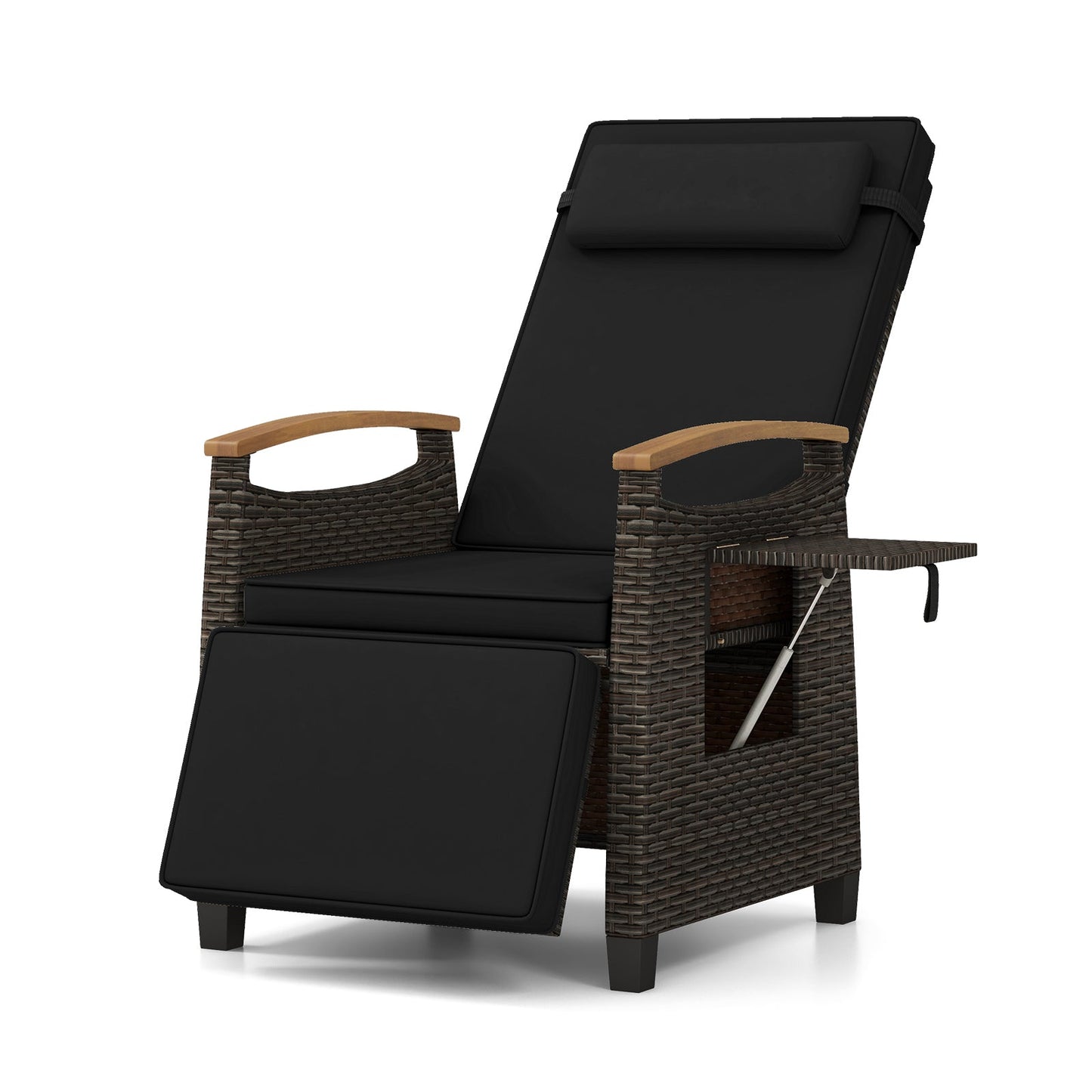 Sillón reclinable de mimbre para patio con respaldo y reposapiés ajustables - Negro