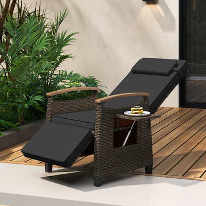 Sillón reclinable de mimbre para patio con respaldo y reposapiés ajustables - Negro