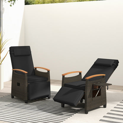 Sillón reclinable de mimbre para patio con respaldo y reposapiés ajustables - Negro