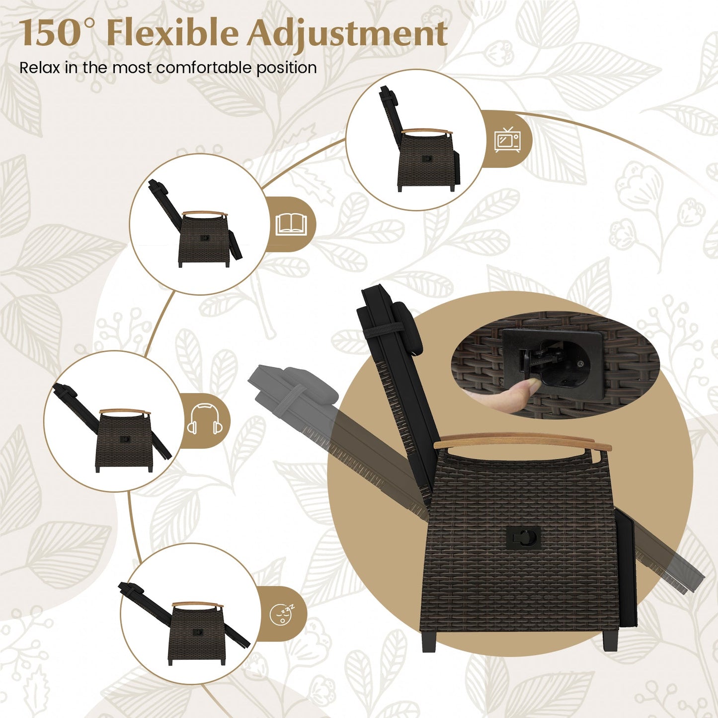Sillón reclinable de mimbre para patio con respaldo y reposapiés ajustables - Negro