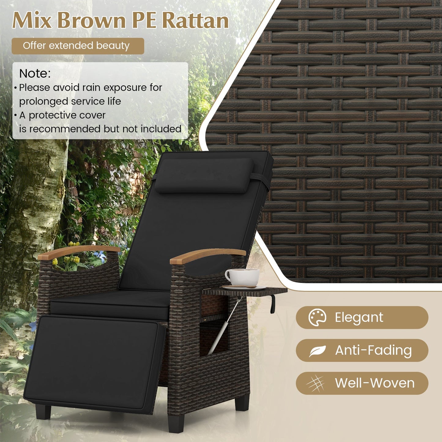 Sillón reclinable de mimbre para patio con respaldo y reposapiés ajustables - Negro
