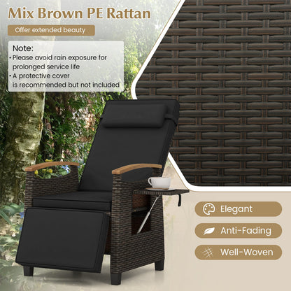 Sillón reclinable de mimbre para patio con respaldo y reposapiés ajustables - Negro