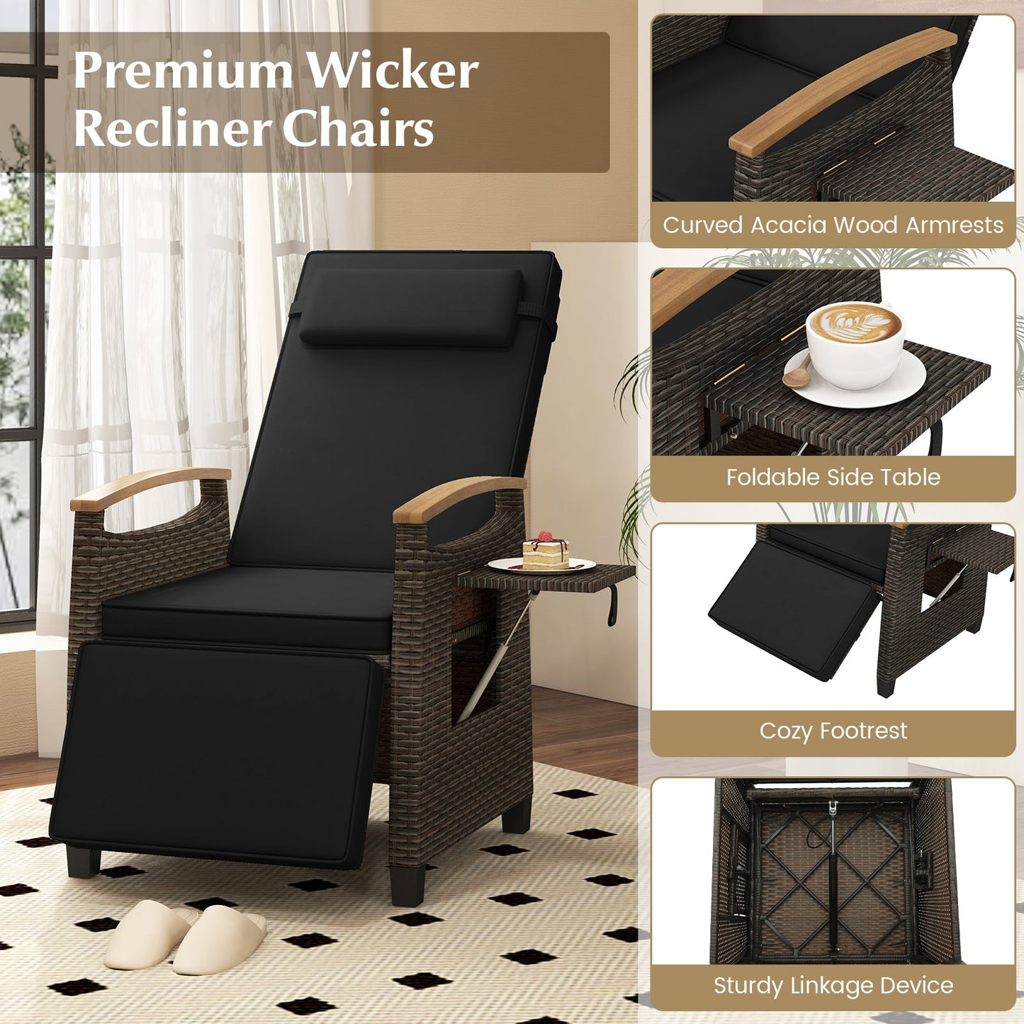Sillón reclinable de mimbre para patio con respaldo y reposapiés ajustables - Negro