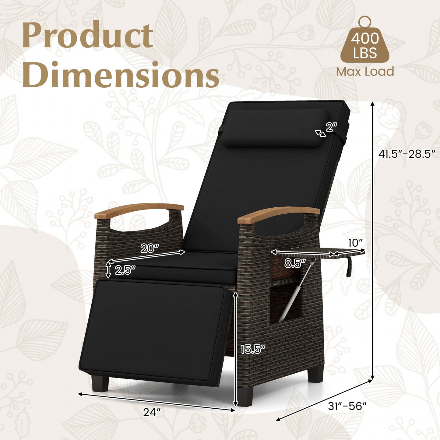 Sillón reclinable de mimbre para patio con respaldo y reposapiés ajustables - Negro